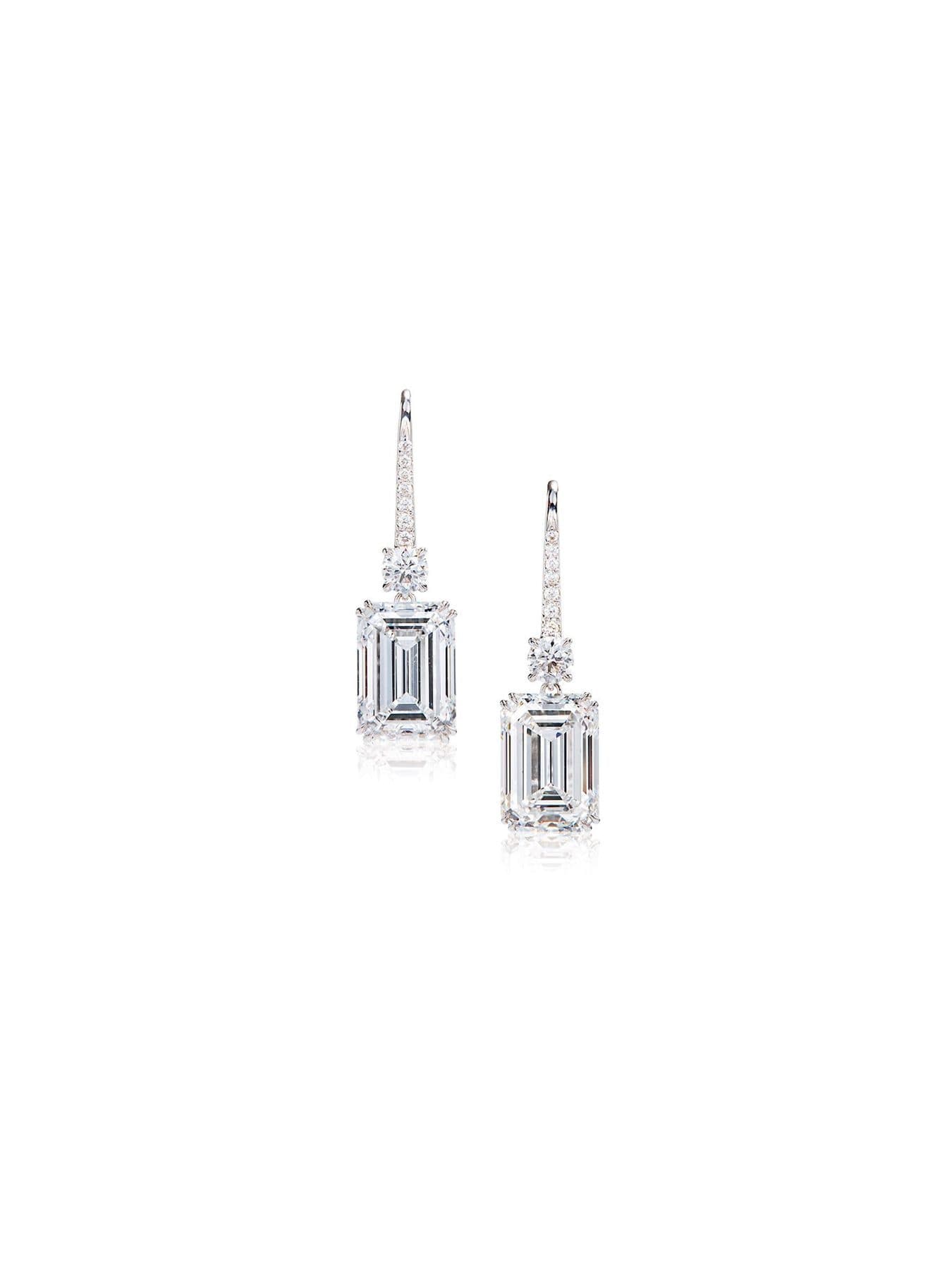 Emerald-Cut Diamond and Diamond Earrings
