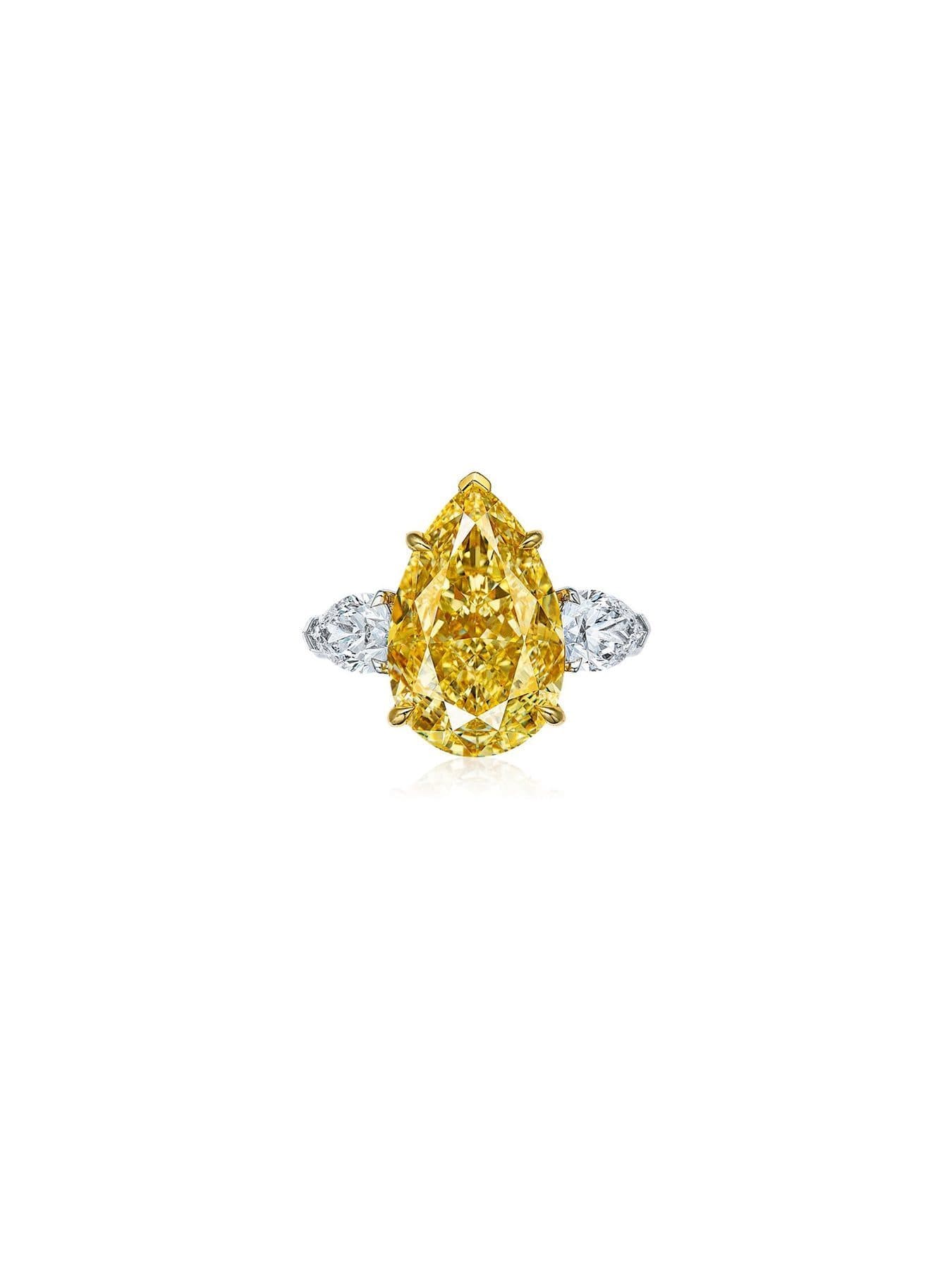 Fancy Intense Yellow Pear Diamond Three-Stone Ring